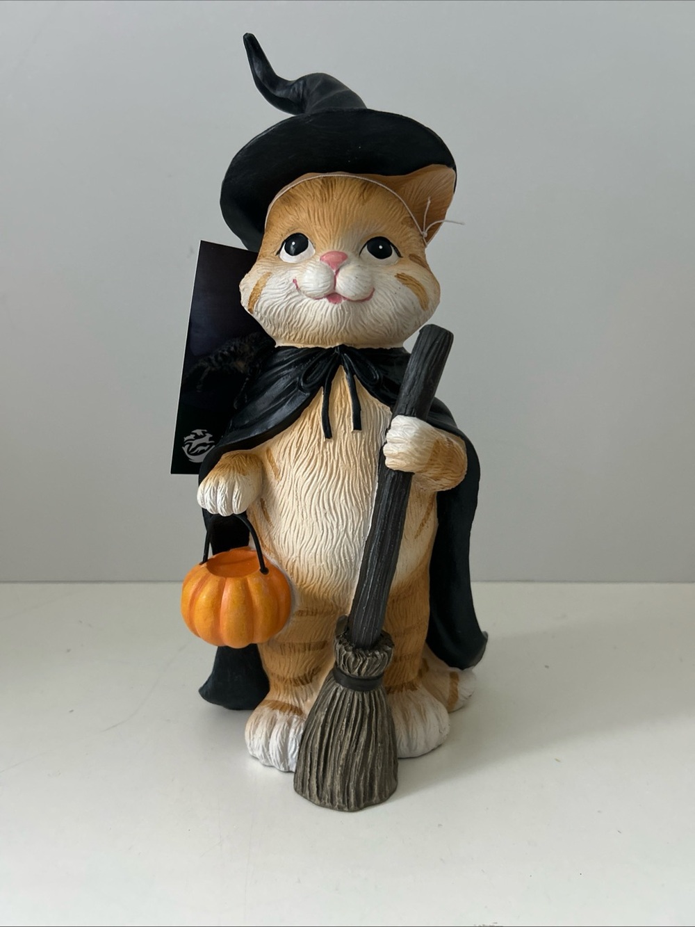 Halloween Cat Figurine in Black Cape and Orange Pumpkin & Broom NEW